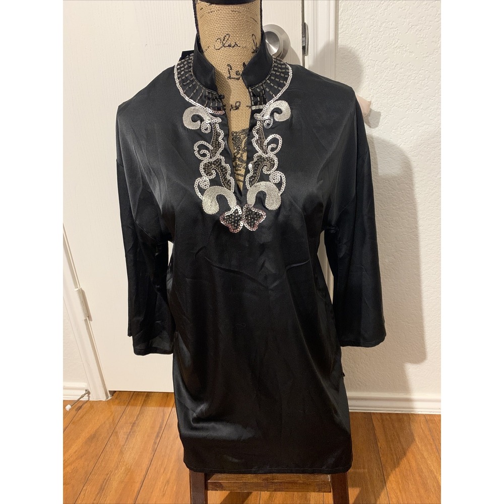 Naeem Khan Timeless Small Woman's Tunic Blouse Small Black Sequin Embroidery NEW